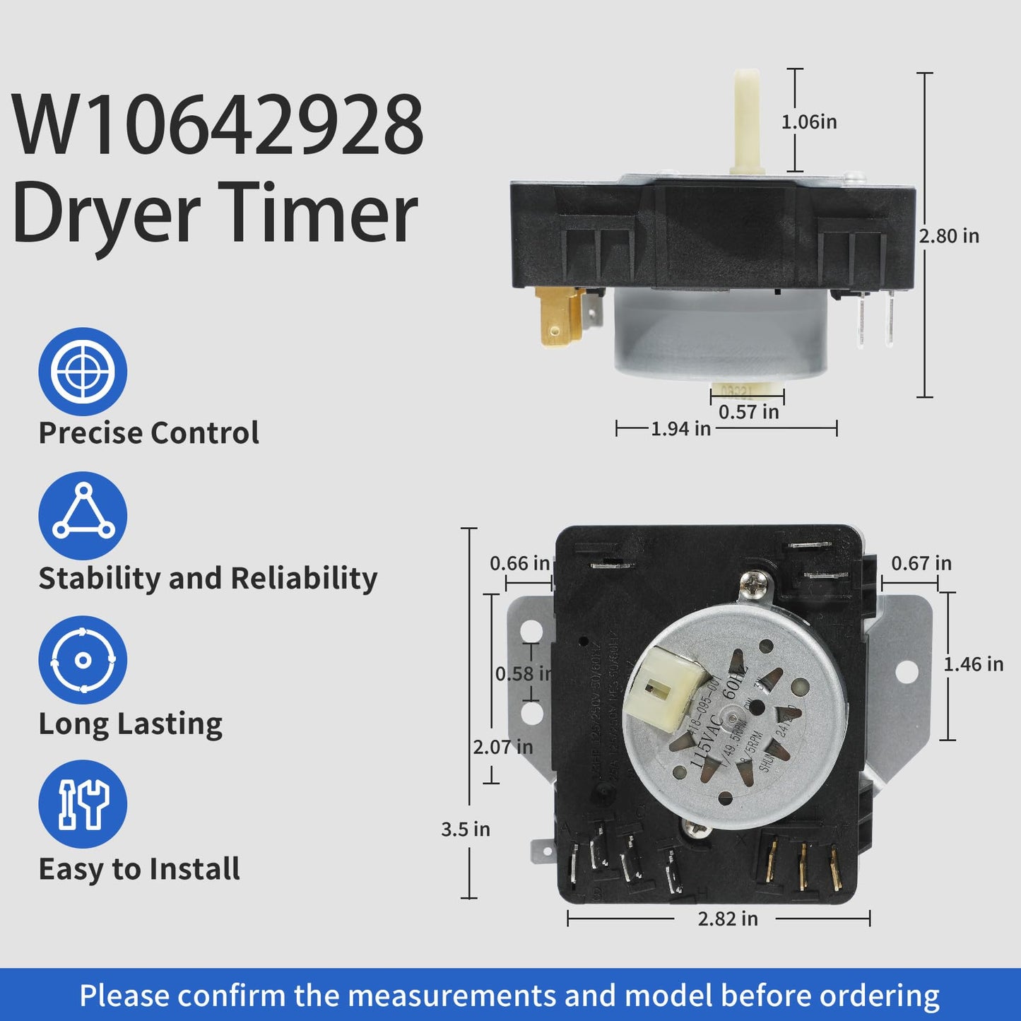 W10642928 C WPW10642928 Dryer Timer Compatible with Maytag Dryer Timer MGDX655DW0 MGDX655DW2 MEDX655DW0 MEDX655DW1 MGDX500BW1 MGDX500BW2 MGDX655DW1 115VAC 60Hz, Replacement 418-098-20-B5 4448993