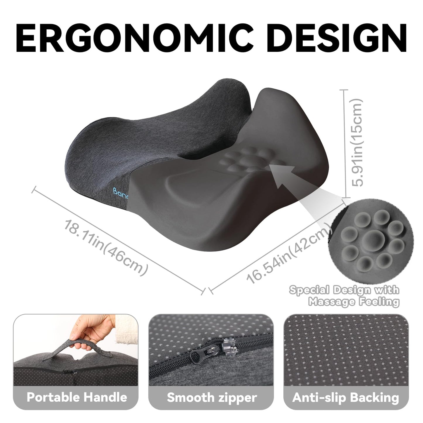 Bangkee 18x16 Inch Memory Foam Seat Cushion for Office Chair, Car & Travel, Ergonomic Chair Cushions for Long Sitting, Thick Supportive Seat Pad with Non-Slip Bottom, Washable Cover, Black