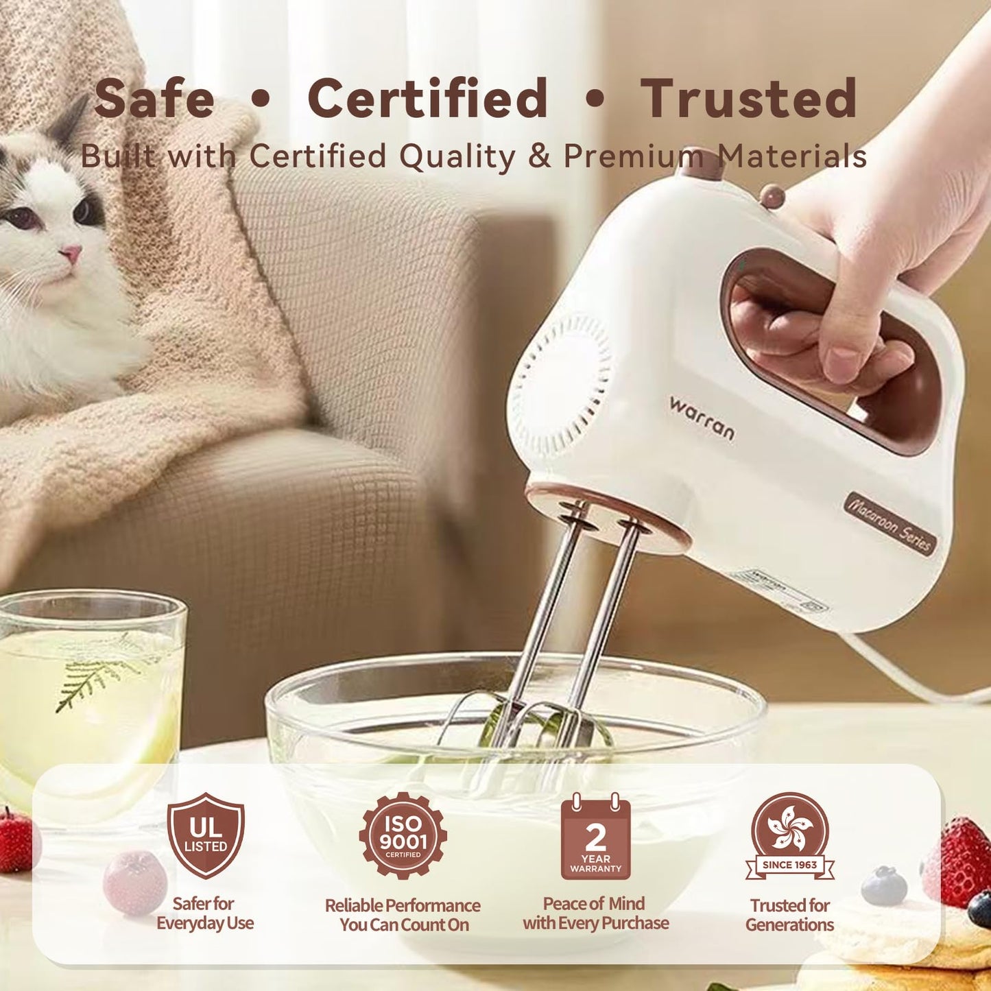 warran 300W Compact Lightweight Electric Hand Mixer, with Powerful Quiet DC Motor for Baking, Cake, Brownies, Cookie Dough, Ideal for Home Kitchen (White)