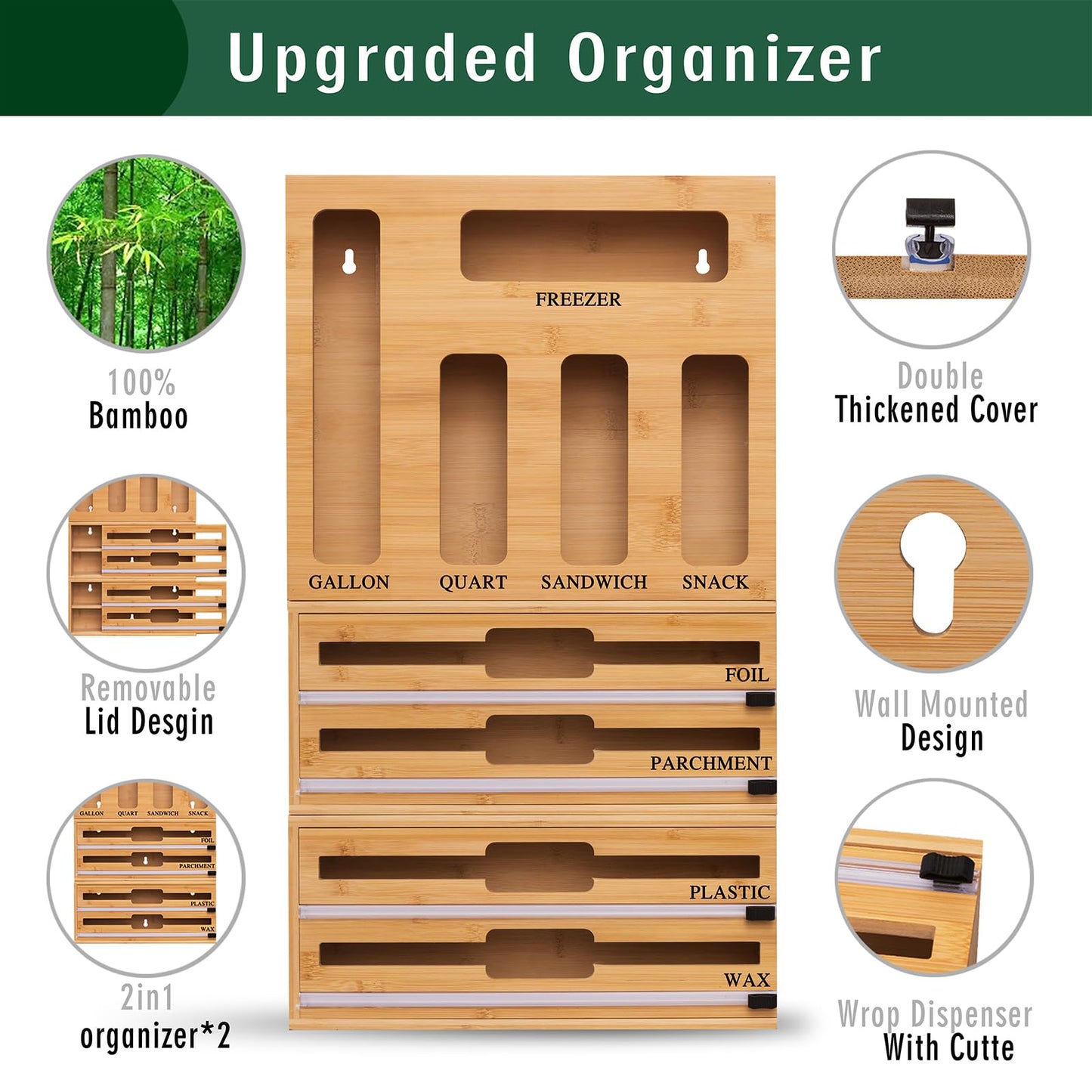 FifanQiQi 9 In 1 Storage Bag Organizer And Plastic Wrap Dispenser With Cutter, Bamboo Foil and Plastic Wrap Organizer
