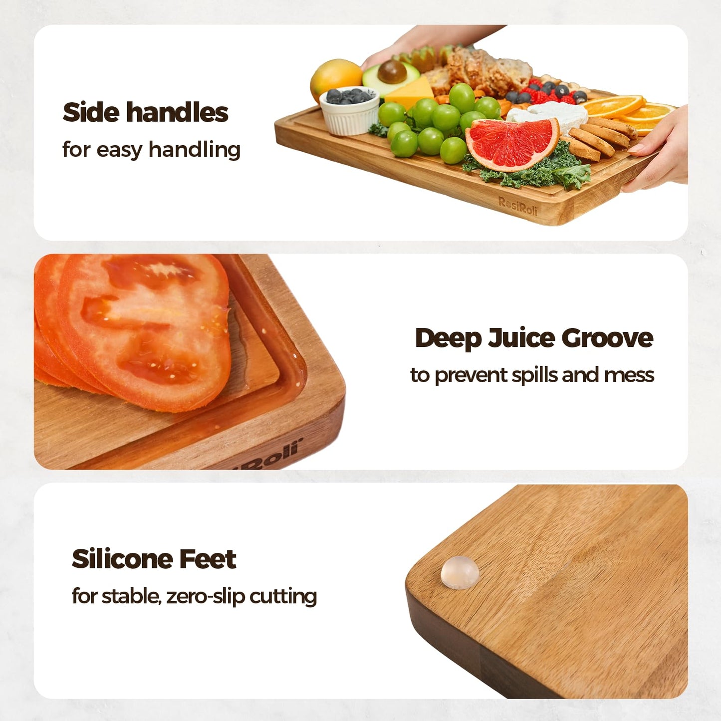 RosiRoli Acacia Wood Cutting Board for Kitchen, Set of 3 - Durable Thick Chopping Boards with Juice Grooves & Handles for Prep & Serving, Impressive Gift for Housewarming, Kitchen Gifts for Mom