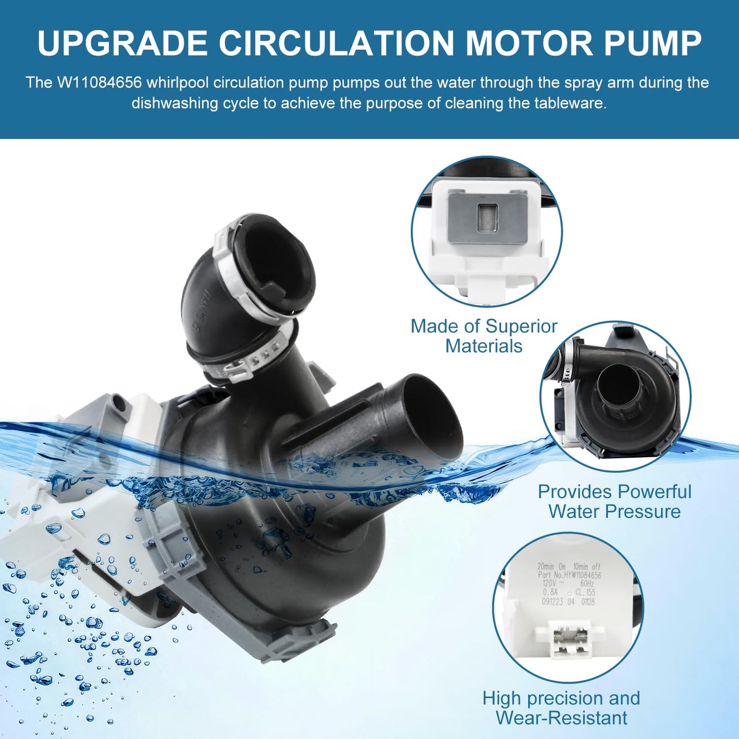 Upgraded W11084656 Dishwasher Circulation Pump W10854710 for Whirlpool Kenmore Kitchenaid WDT730PAHZ0 WDT750SAHZ0 WDTA50SAHZ0 Dishwasher Pump Motor Assembly Replacement Part W11612327 W10805387
