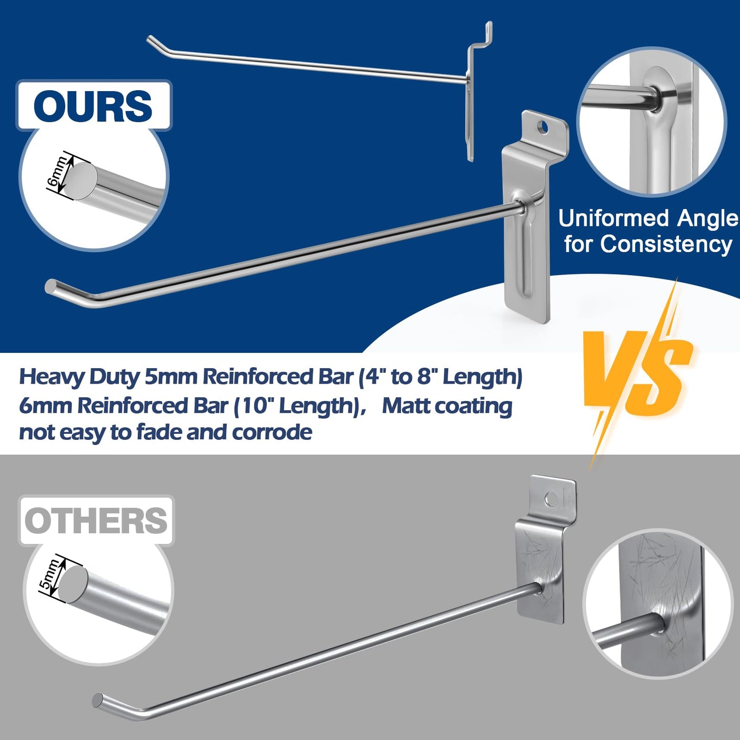 Polmart 6" Heavy Duty Slatwall Panel Hooks, Silver (96-Pack, 6-inch)