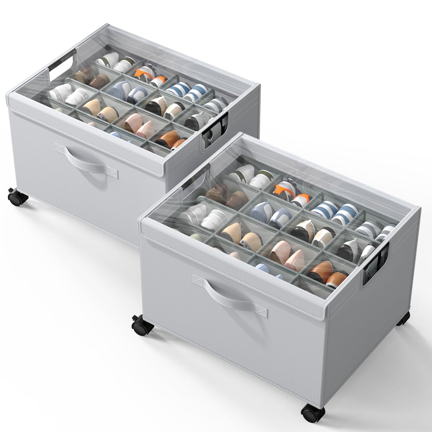 HOUSE AGAIN Shoe Organizer for Closet, 2 Pack Foldable Shoe Storage Organizer Box with Wheels and Adjustable Dividers, Sturdy Metal Frame Fits up to 16-32 Pairs, Large Shoes Storage with Clear Cover