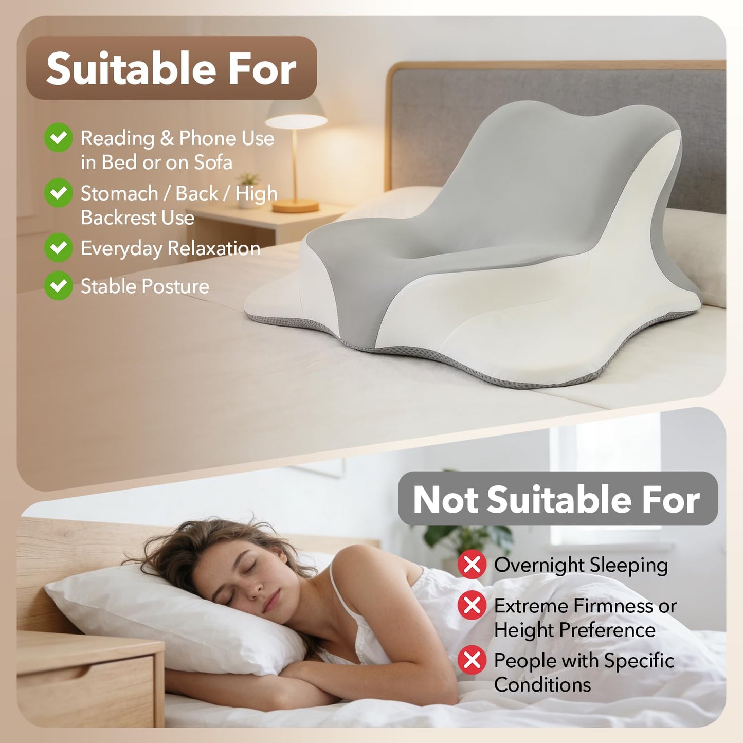 Royal Choice Reading Pillow for Bed, Ergonomic Memory Foam Prone & Reclined Support Pillow for Stomach Laying, Reading, Scrolling & Lounging, Multi-Position Bed Rest Pillow with Washable Cover