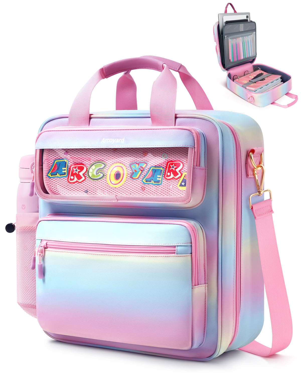 Zipper Binder 3 Ring with Ita Window, 3 Inch Binder with Zipper D-Ring Fits 14 in Laptop, 3-in-1 Shoulder/Backpack/Handle 600 Sheets Capacity for School & Office – Pink Blue