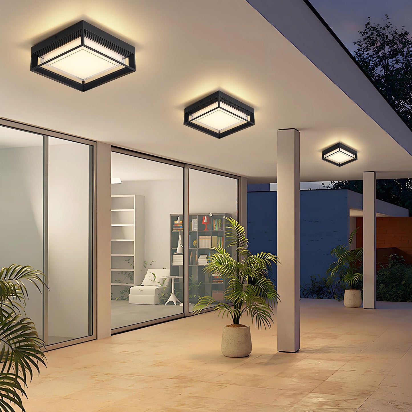 CHENS01 Square Flush Mount Outdoor LED Ceiling Light Fixture, 120V 24W 3000K 9 inch Medium Overhead Porch & Patio Lights Ceiling Mounted, Waterproof Suitable for Wet Areas, Black