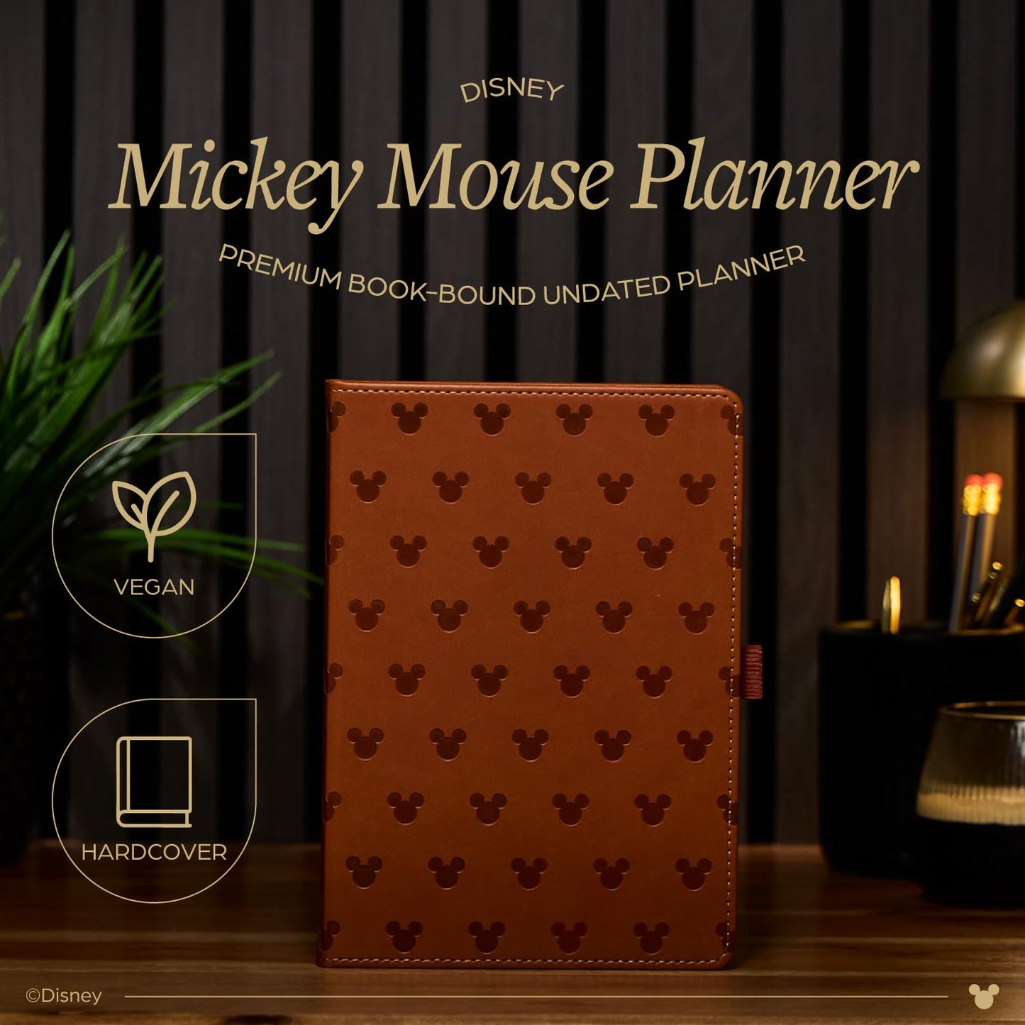 Happy Planner Disney Mickey 12-Month Undated Planner, Embossed Vegan Leather, Small Size, 6" x 8.5", Vertical Layout, Camel