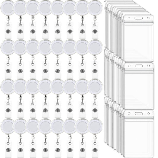 100 Pack Retractable Badge Reel Clips with 100 Pack Vertical ID Card Holders Retractable Badge Holders with Clip ID Badge Clips with Name Card Holder for Nurses Office School,Transparent