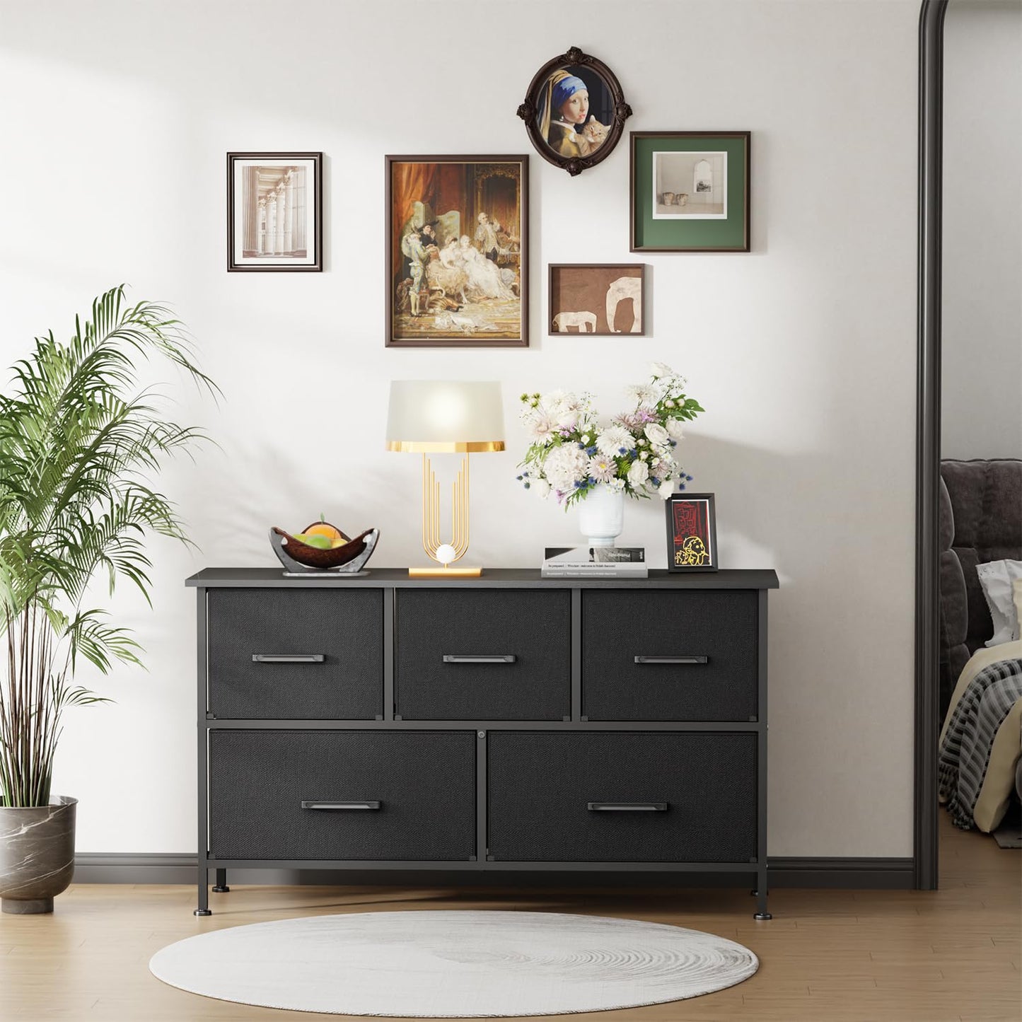 FDW 5 Fabric Drawers Dresser for Bedroom,Chest Organizer Units with Steel Frame and Wooden Top for Bedroom,Closet,Living Room, Entryway,Black