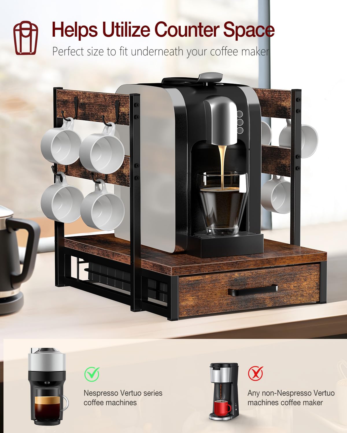 Evermagin Coffee Pod Holder, Vertuo Pod Holder Compatible with Nespresso, 28 Large or 56 Small Nespresso Capsule Organizer Drawer Station with Cup Rack, Rustic Brown