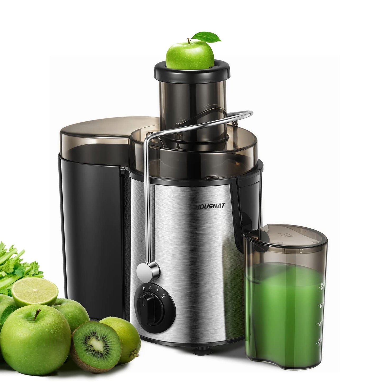 Juicer Machines, HOUSNAT Juicer Whole Fruit and Vegetables with 3-Speed Setting, 400 W Motor Quick Juicing Ideal for Beginners & Light Daily Use, Cleaning Brush and Juicing Recipe Included