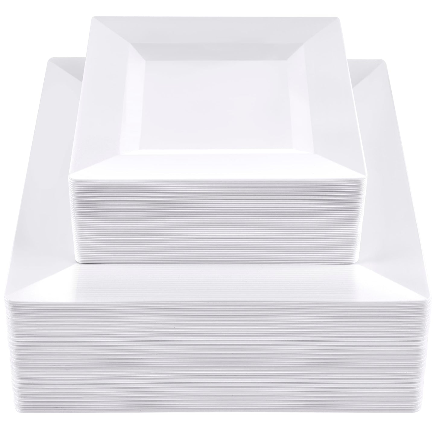 SETUP 100-Piece White Square Plastic Dinnerware Set – 50 9.5" Dinner & 50 6.5" Salad Plates – Heavy-Duty Disposable for Weddings, Catering, Parties
