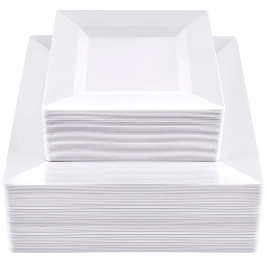 SETUP 100-Piece White Square Plastic Dinnerware Set – 50 9.5" Dinner & 50 6.5" Salad Plates – Heavy-Duty Disposable for Weddings, Catering, Parties