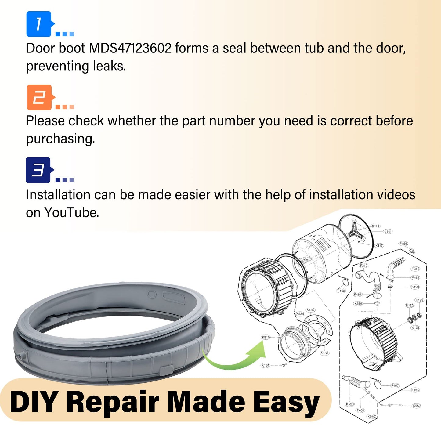 Upgrade MDS47123602, MDS47123601 Washer Door Boot Gasket Compatible with lg,Kenmore Washing Machine,Replaces AH3535210,EA3535210,PS3535210,MDS64237201,MDS64237202 Washer Door Boot Seal