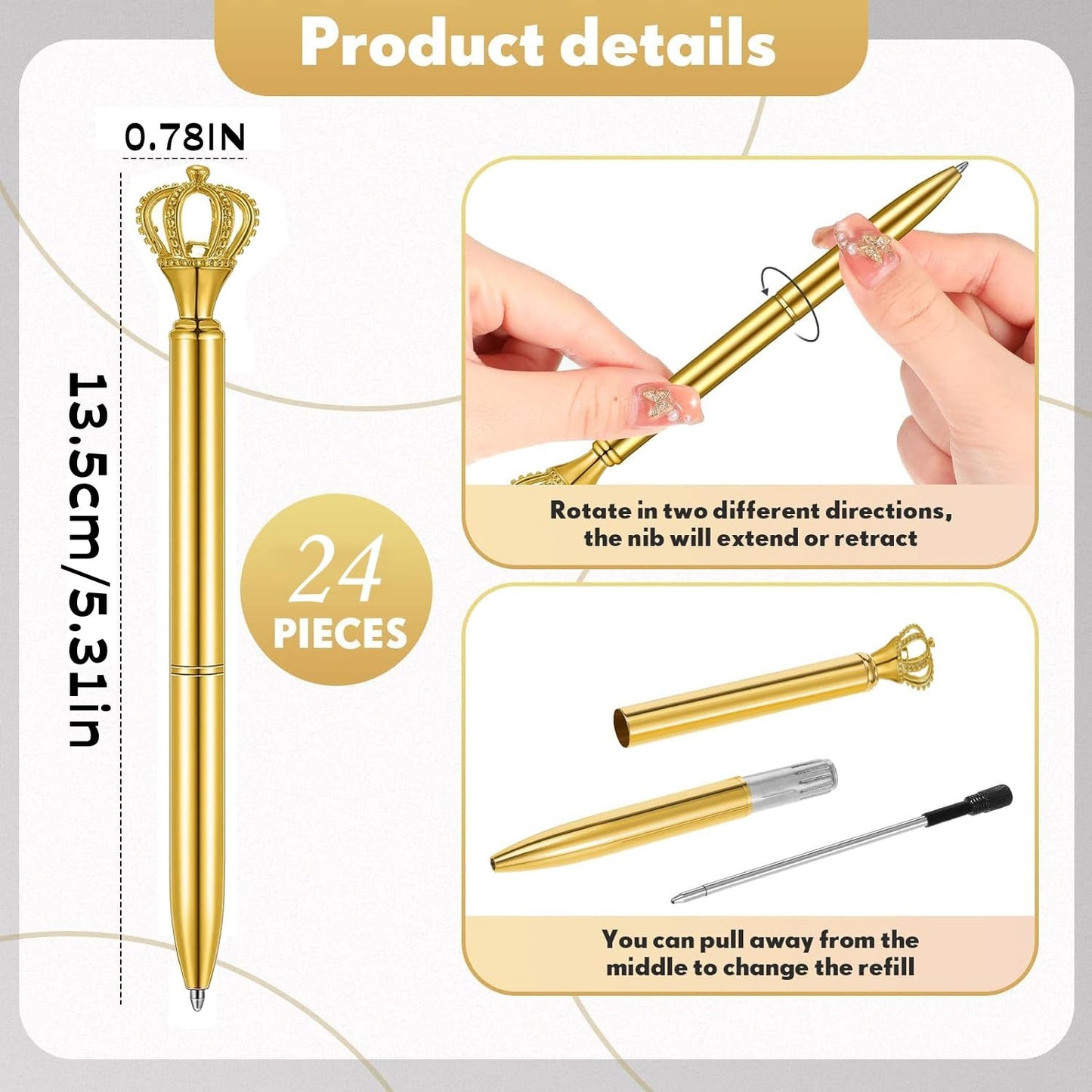 WAYTOSUC 24PCS Ballpoint Pens Set Bling Wedding Anniversary Crystal Metal Ballpoint Pens Fancy Pens Birthday Bridal Shower Return Gifts for Women Girls School Office Supplies (Gold Crown Pen,24)