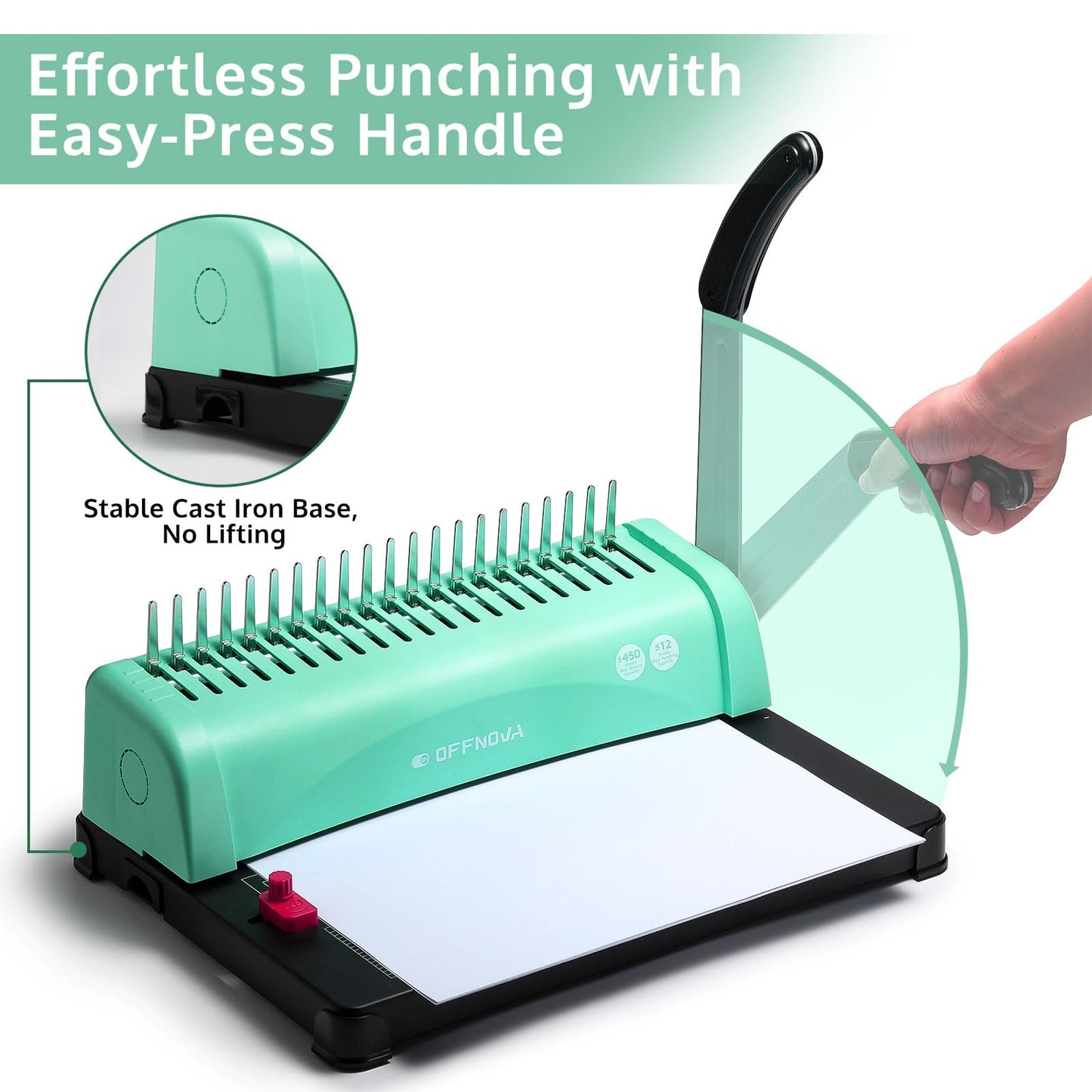OFFNOVA Binding Machine, 21-Hole 450 Sheets Paper Comb Punch Binder Machine for Letter Size / A4 / A5 Paper, Easy to Punch Handle, Adjustable Margin
