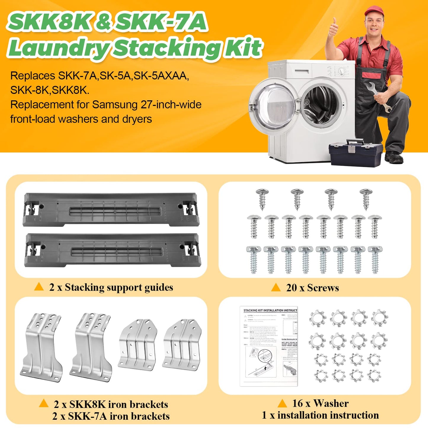 UPGRADED SKK-8K & SKK-7A Stacking Kit Fit for Samsung Washer & Dryer 27 Inch Front Load Laundry by Techecook - Samsung Stackable Washer Dryer Kit Including All Parts - Replace for SK-5A SK-5AXAA