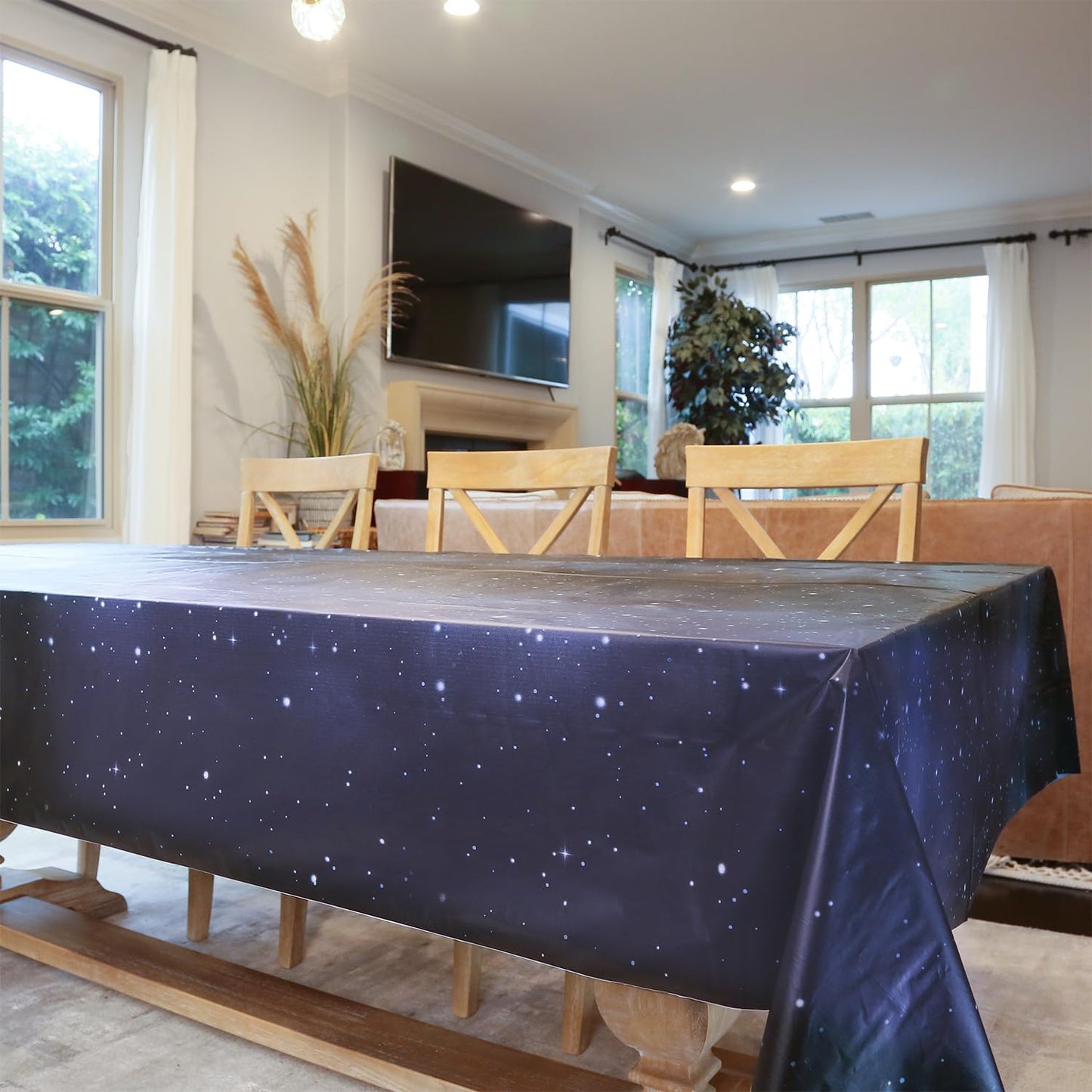 PARTYHIPPO Disposable Tablecloth Roll 54" x 100' with Built-in Cutter Box – Heavy Duty Waterproof, Wrinkle-Resistant Plastic Table Cover – Cut to Size for Rectangle, Round & Oval Tables – Starry Sky