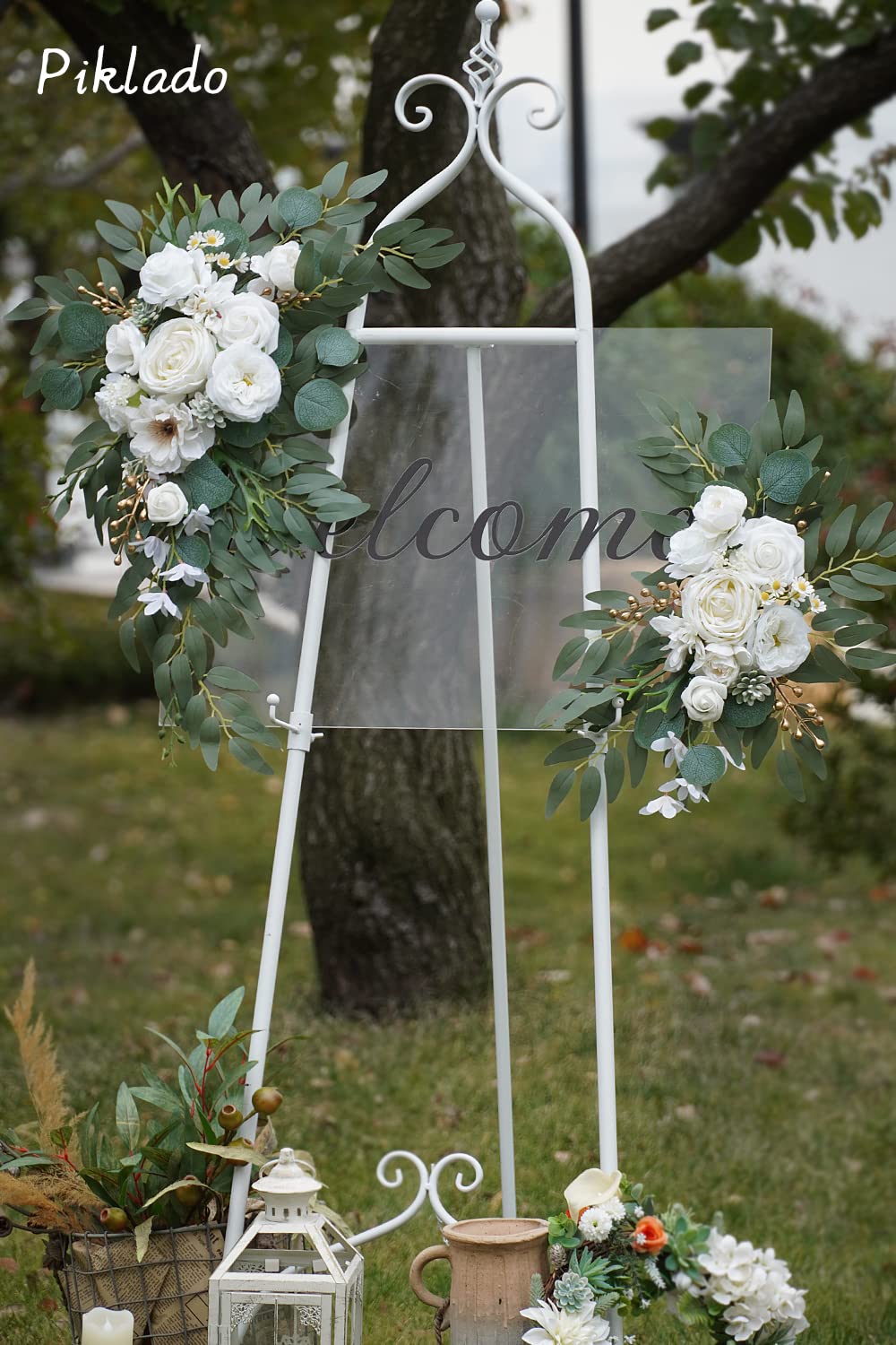 Piklado Faux Arch Flower Swag Set of 2 for Wedding Welcome Signs Floral Swag Wedding Reception Ceremony Signs Decor (White)