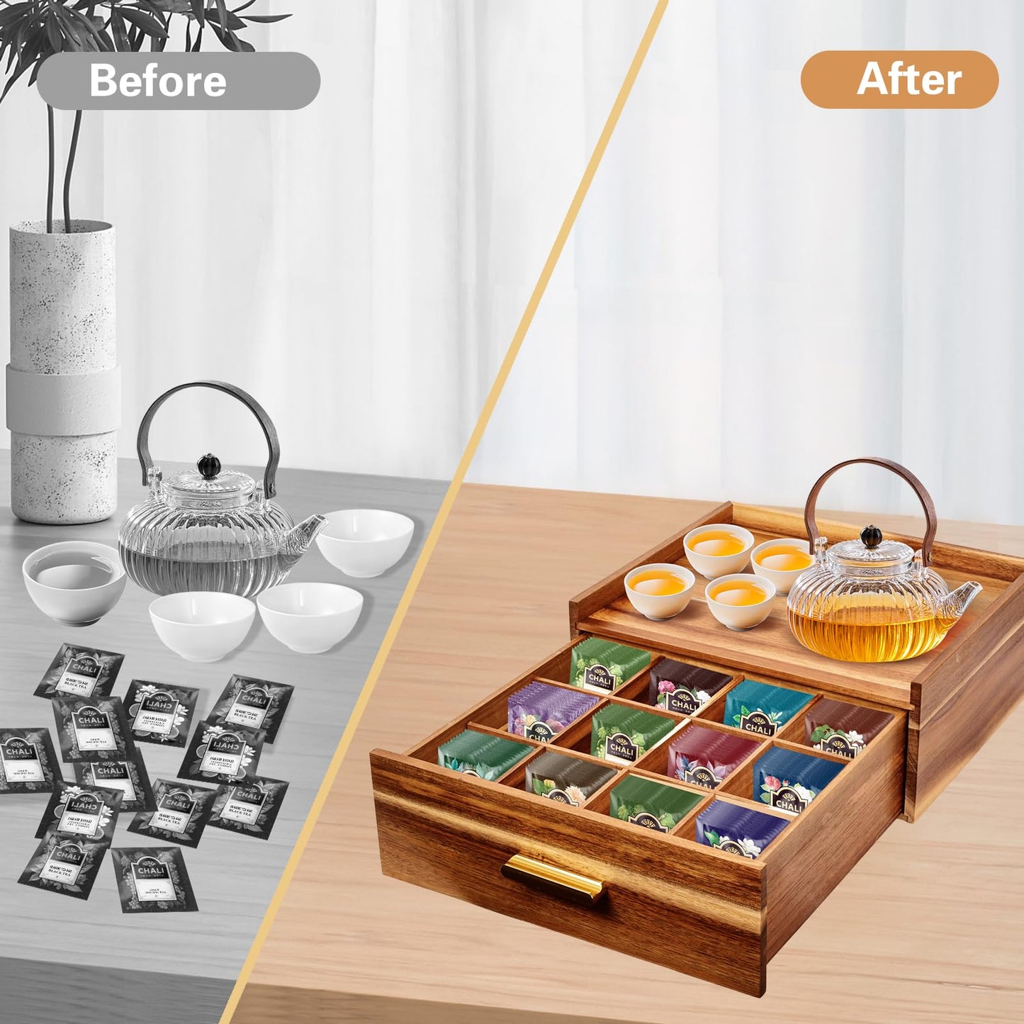 NANXITU Acacia Wood Tea Holder Organizer,Tea Box Organizer Storage Box,Tea Caddy for Tea Bags Organizer Drawer,with12 Compartments Multi-Functional Tea Station Chest for Countertop