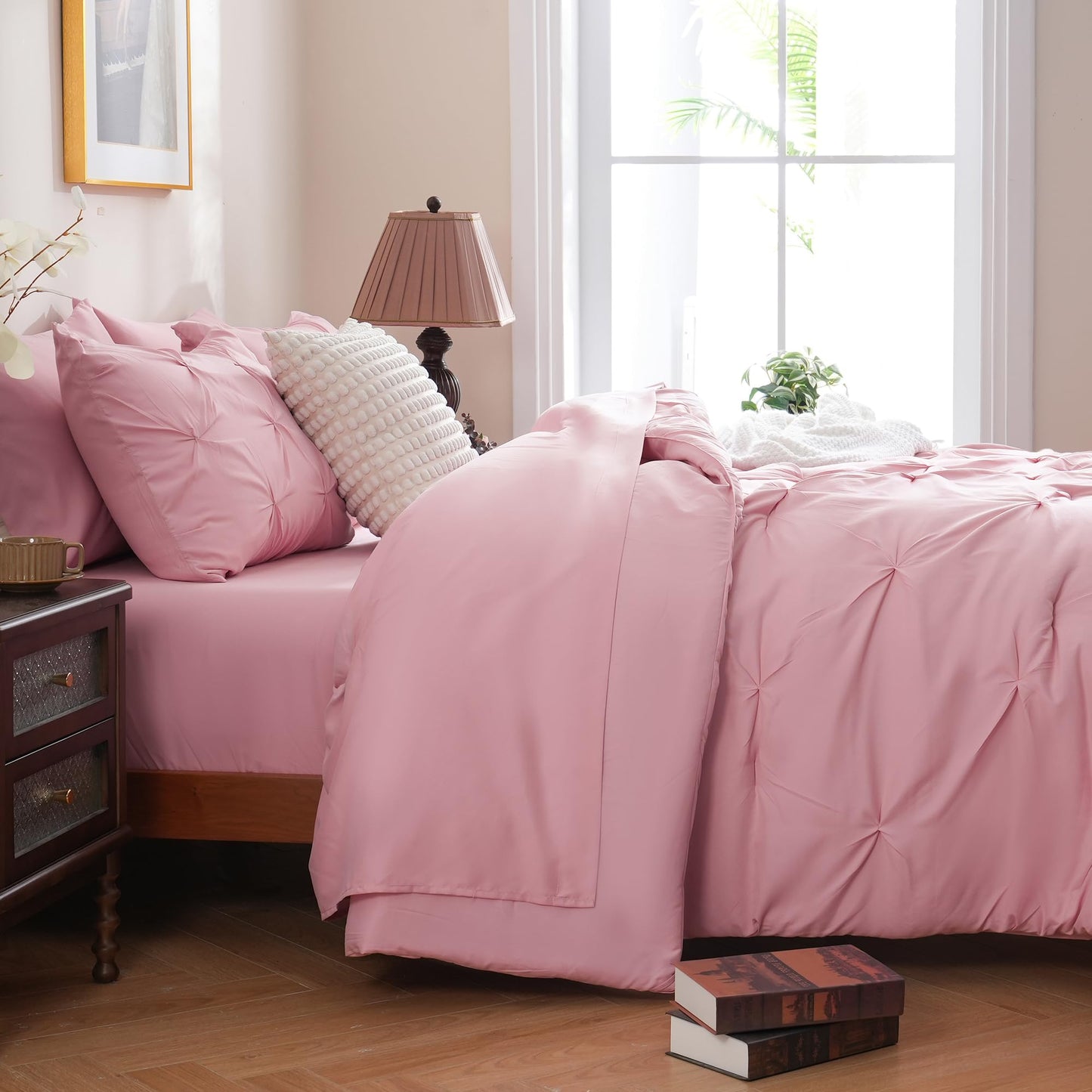 DOWNCOOL 7 Pieces Pink Queen Comforter Set, Pintuck Pinch Pleat Bed in a Bag, Soft Microfiber All Season Bedding Set for Bedroom with Sheets, Pillowcases & Shams