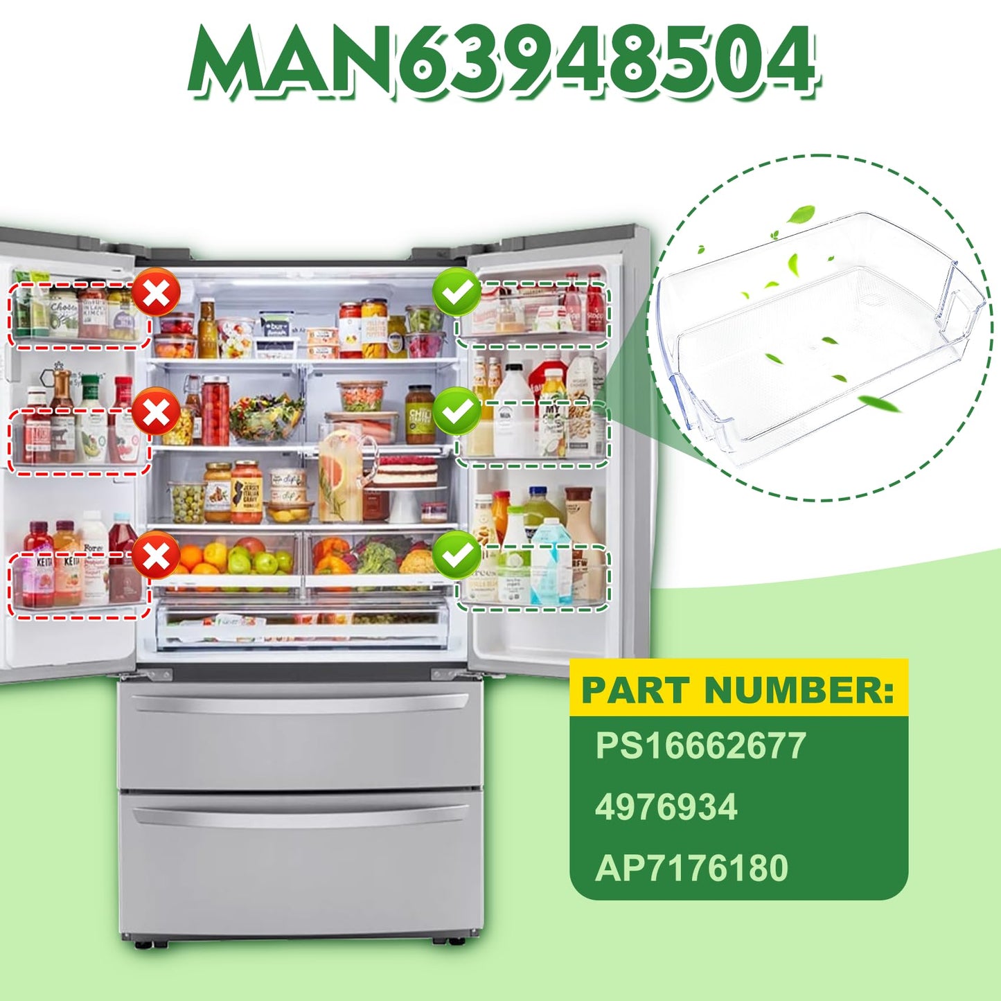 MAN63948504 Door Shelf Bin, Bin Basket Shelf Compatible with l-g LFXC22526D, LMXS28626D, LFCS27596S, etc, Part Number: 4976934, AP7176180, PS16662677, EAP16662677