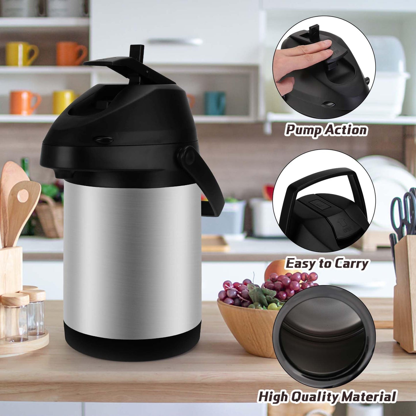 101Oz (3L) Airpot Coffee Carafe with Pump, Stainless Steel Double-wall Insulated Thermal Coffee Carafe Dispenser, 12 Hour Heat 24 Hour Cold Retention