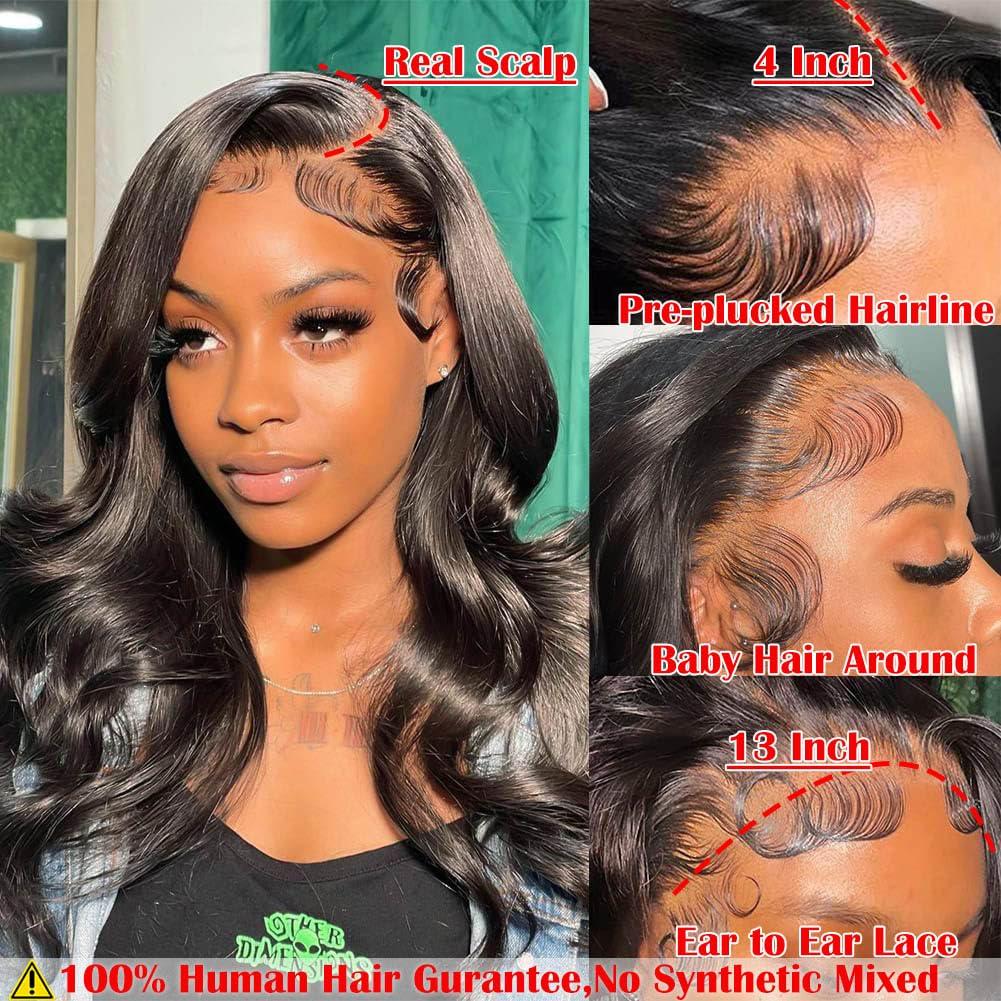 13x4 Body Wave Lace Front Wigs Human Hair Pre Plucked HD Transparent Lace Frontal Wig with Baby Hair 180% Density 9A Glueless Brazilian Virgin Human Hair Lace Front Wigs for Women Natural Black 22Inch