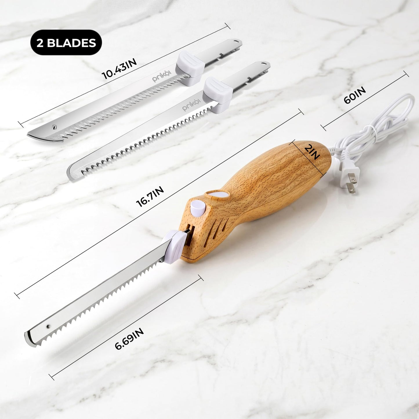 Prikoi Electric Knife - Carving Knife Set, Easy-Slice Serrated Edge Blades for Meat, Bread, Turkey, Ribs, Fillet, DIY, Ergonomic Handle + 2 Blades for Raw & Cooked Food New Upgrade(Faux Wood)
