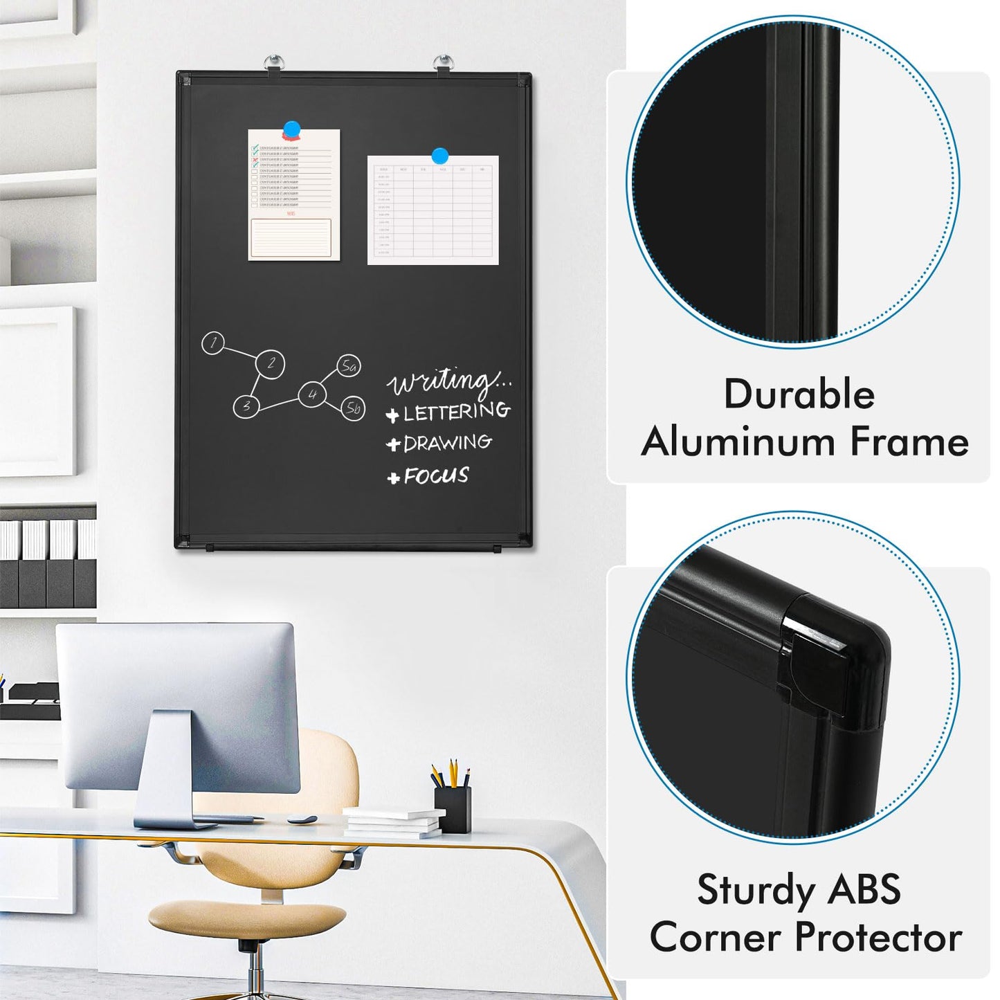 Magnetic Chalk Board, 36“x24” Black Chalkboard Double-Sided Dry Erase Board Magnetic Blackboard for Wall, Black Framed Small Chalk Board Home, School, Office, Kitchen