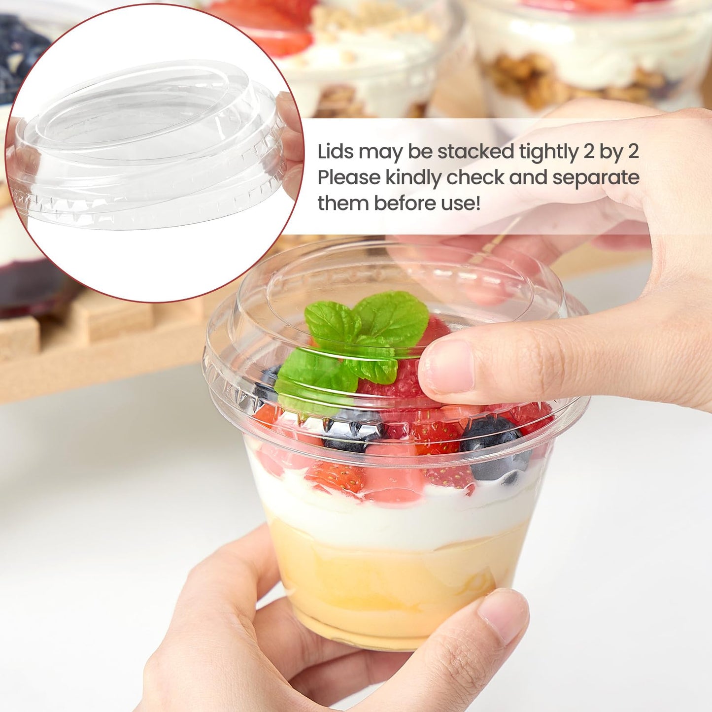 Jycnolm 100 Pack 6 oz Plastic Dessert Cups with Lids, Small Plastic Yogurt Parfait Cups, Mini Round Party Serving Cup for Pudding, Fruit, Cake, Appetizer, Dessert Shot Glasses