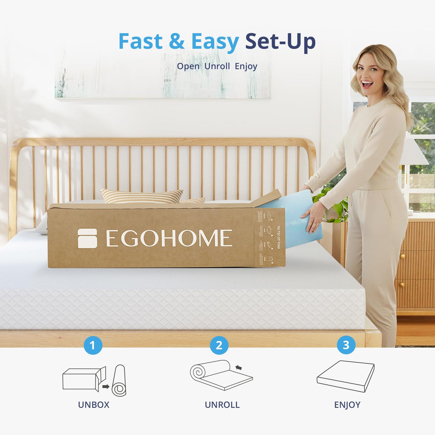 EGOHOME 2 Inch Full Memory Foam Mattress Topper, Cooling Gel Infused & Pressure Relieving Pad in a Box, Dorm Room Essentials, CertiPUR Certified, Blue