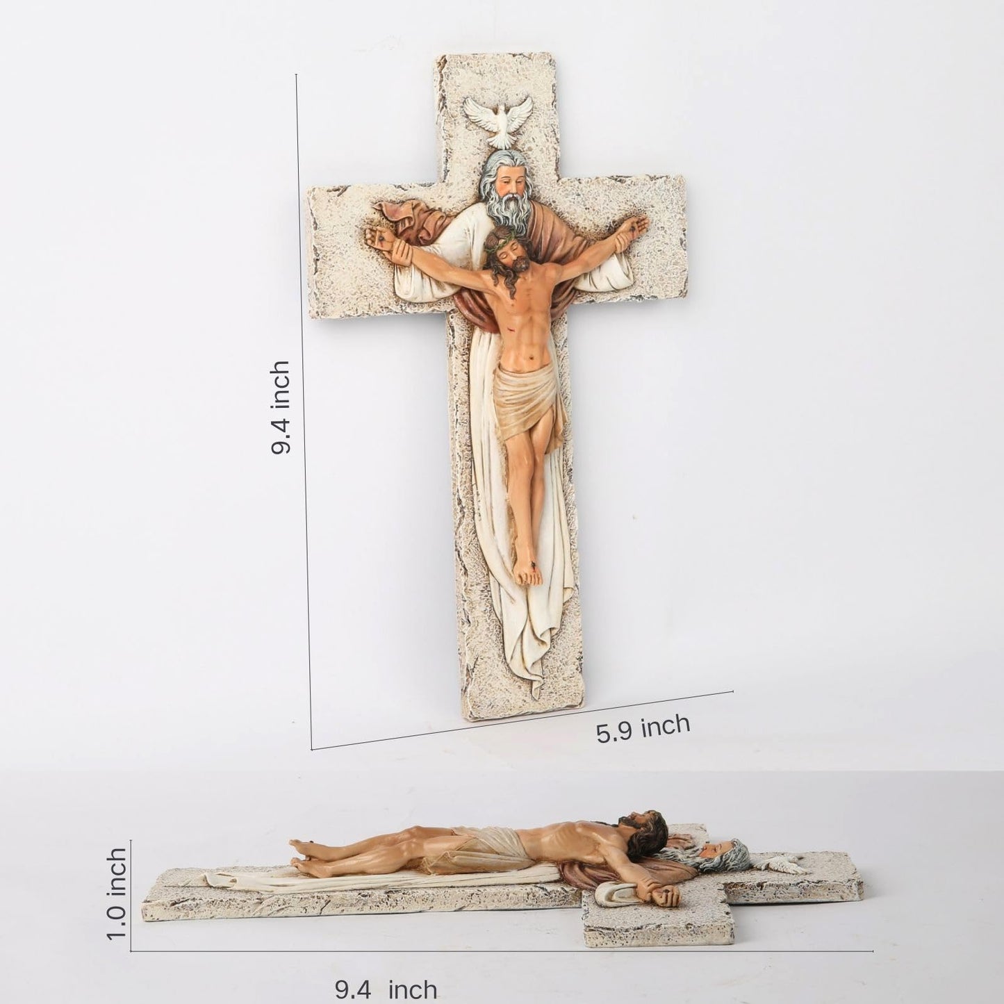 BC Catholic Holy Trinity Crucifix Wall Cross, 9.5" H Jesus Christ Inspirational Home Décor, Catholic Gifts, Religious Wall Sculpture handpainted by Buildclassic