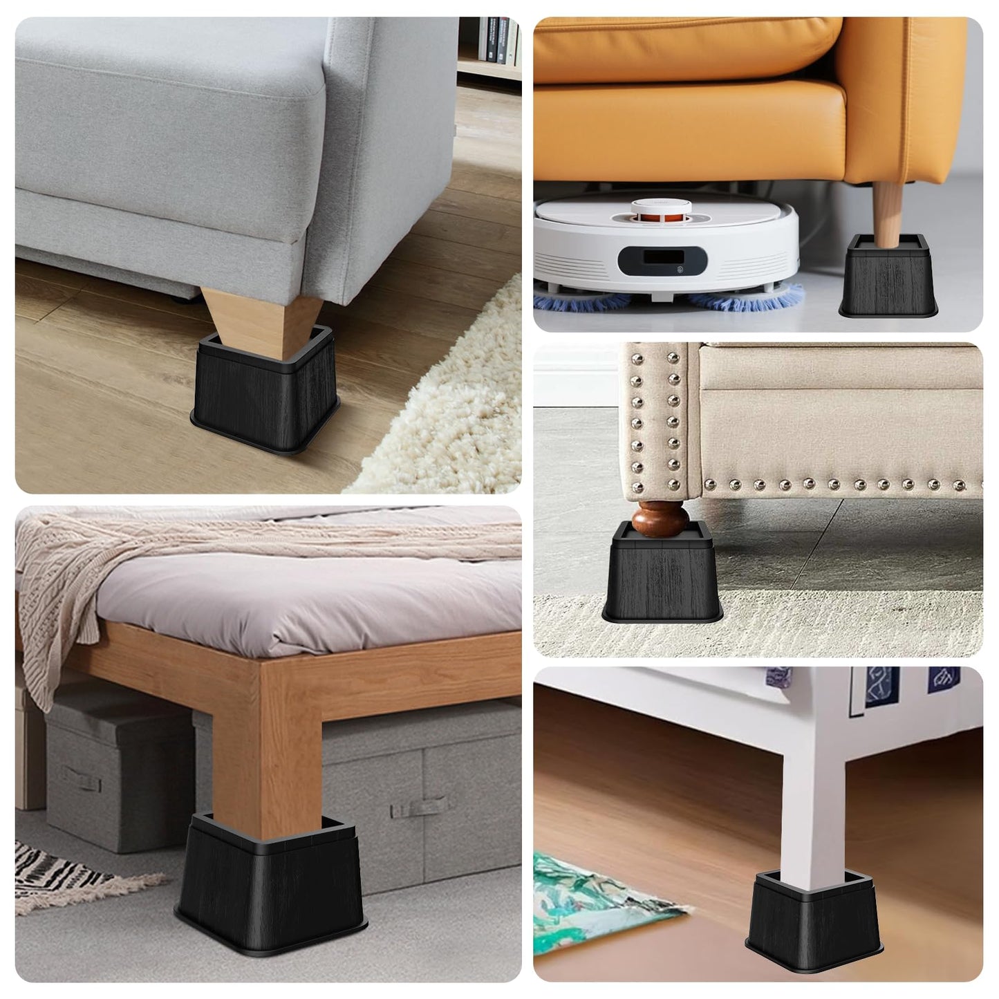 MYMULIKE Bed Risers 5 Inch, Oversized Fit Up to 5.5" Legs, Heavy Duty Support 6000lbs, Stackable Bed Raising Blocks Furniture Sturdy Bed Lifts for Couches, Tables, Desk(Black, 5 inch-4 Pack)