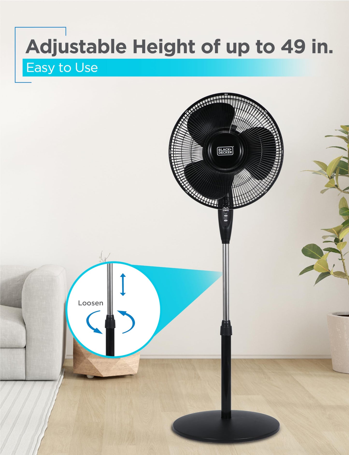 BLACK+DECKER 16" Standing Oscillating Pedestal Fan with Remote, 90-Degree Oscillation, 3 Speed Settings, Adjustable Height, Timer, 30-Degree Tilt, BFSR16B, Black