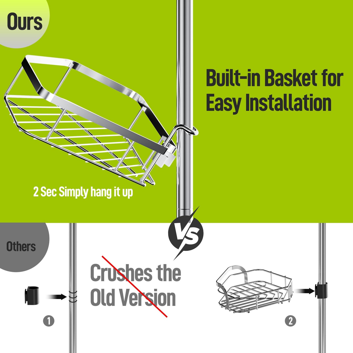LAMU Shower Caddy Corner Tension Pole, Stainless Steel Shower Organizer, Strong Spring, 5 Adhesive Pads, 2.4 in Non-Slip Grid Base, Adjustable 4-Tier Basket, 4 Hooks, Fits Heights 37.8-124 in, Silver