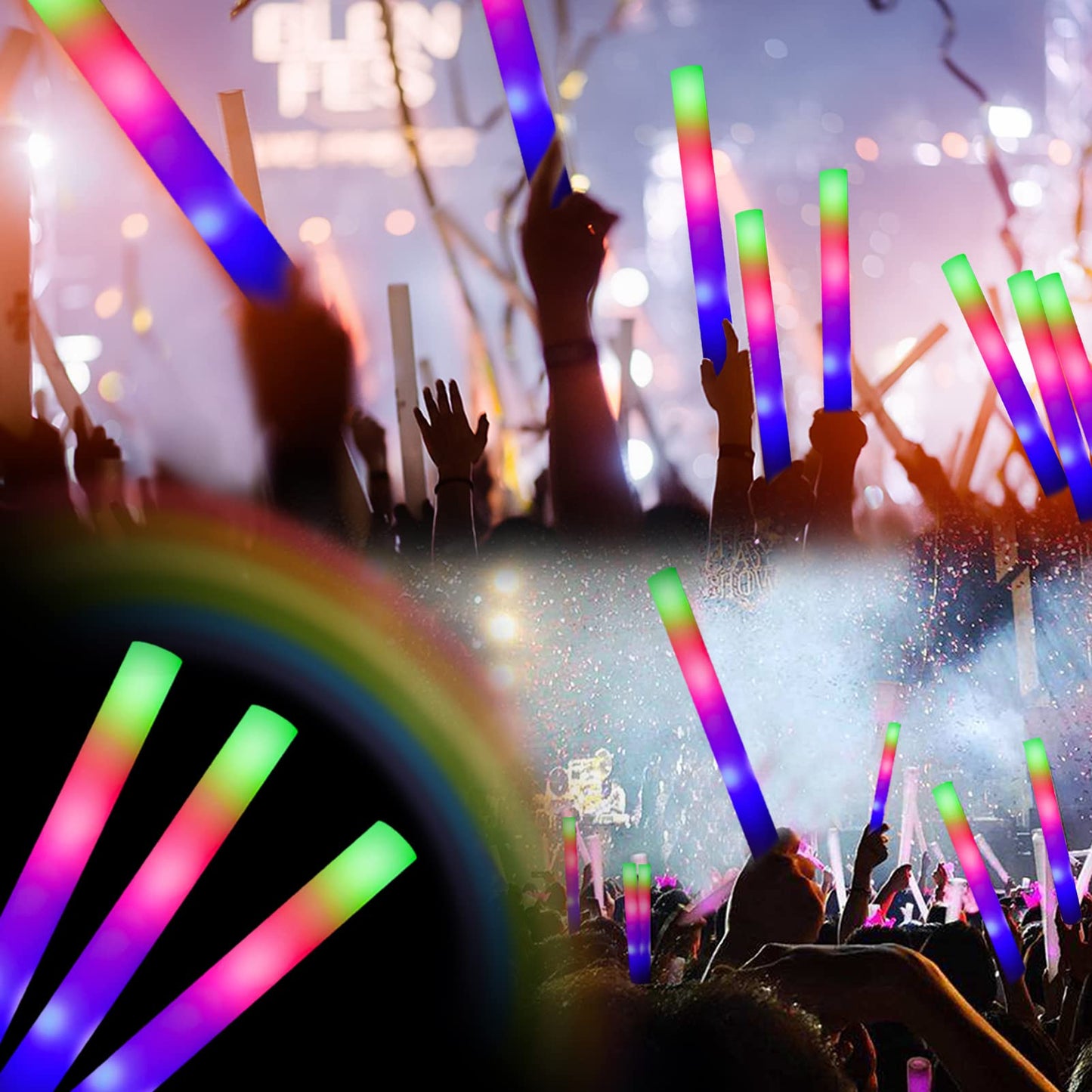 ColorHome Glow Sticks Bulk, 52 Pcs LED Foam Sticks Light Up Batons Party Favors with 3 Modes Colorful Flashing, Glow in the Dark Party Supplies for Party Wedding Birthday Concert Halloween Christmas