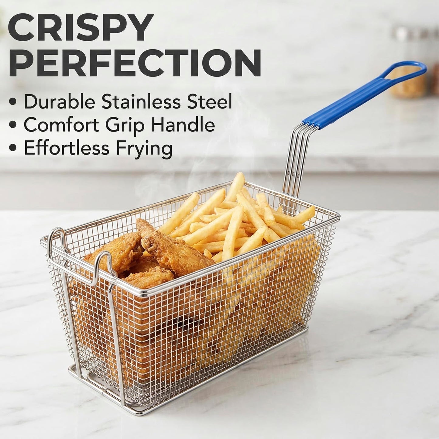 MAHOOMMAKH 2Pcs Deep Fry Basket - 13.2"x 6.5"x 5.9" Stainless Steel Fry Baskets with Handle for Commercial Restaurant Kitchen for Deep Fryer