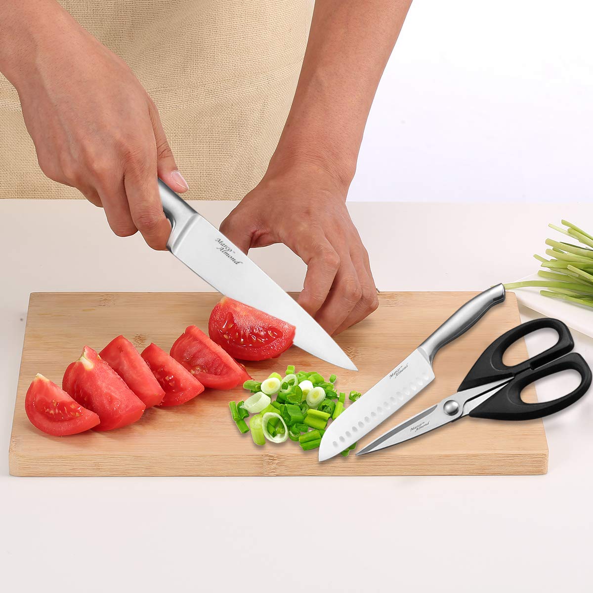 Marco Almond® Knife Block Set, KYA26 Knife Set with Block, 14 Pieces Stainless Steel Chef Kitchen Knives with Built-in Sharpener