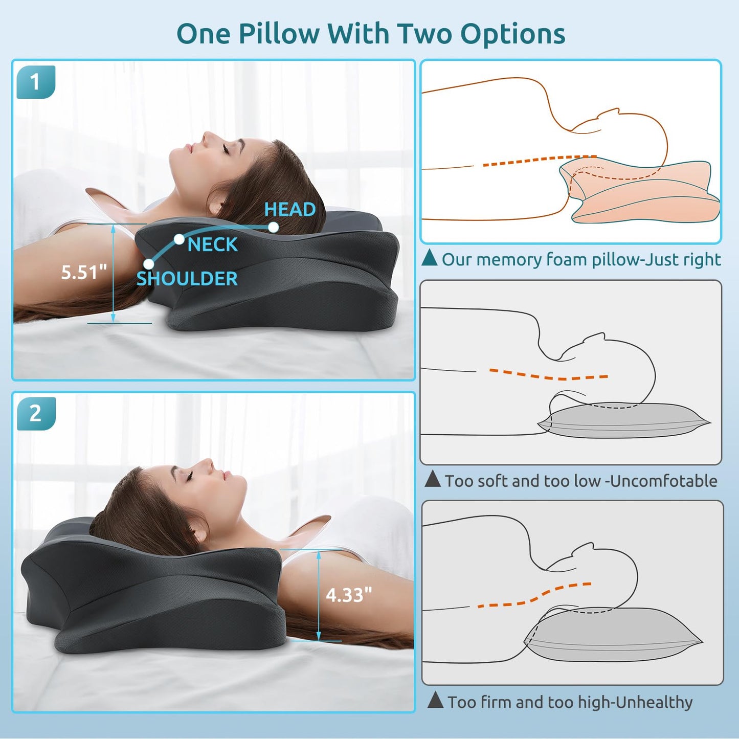 DONAMA Cervical Pillow for Neck and Shoulder Pain Relief, Cooling Contour Memory Foam Pillow, Dual-Height Ergonomic Neck Support Pillow for Side Back Stomach Sleepers with Removable Pillowcase