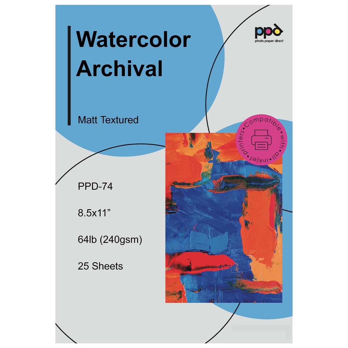 PPD Watercolor Printer & Printable Fine Art Paper for Inkjet Printer, Textured Giclee Archival Acid Free Paper 8.5 x 11, Professional Grade, Heavyweight 240 gsm/64 lb (25 Sheets)`