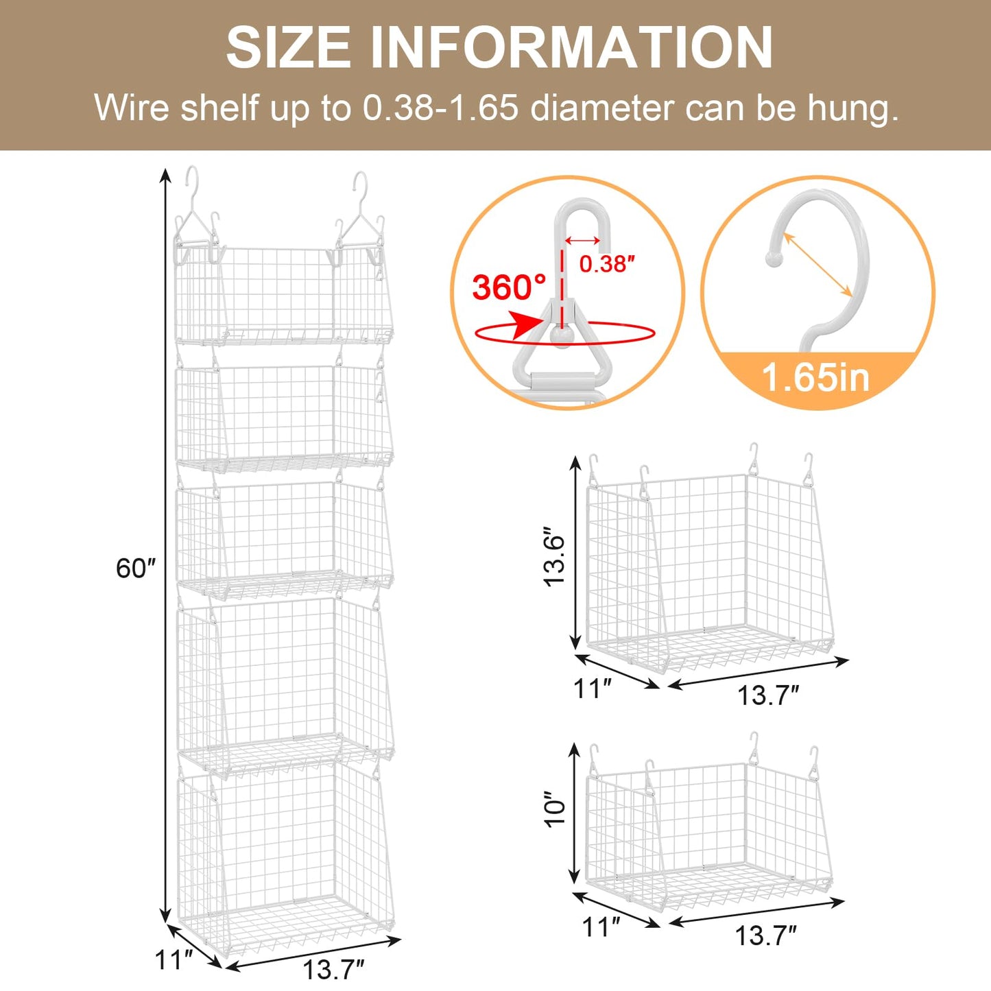 Sonyabecca 5-Tier Hanging Laundry Basket Organizer: Foldable Wire Shelf Basket with 4 Large Hooks 1.65" & 360°Rotating Hooks – Space-Saving Laundry Room Organization for Wardrobe Closet, White Patent