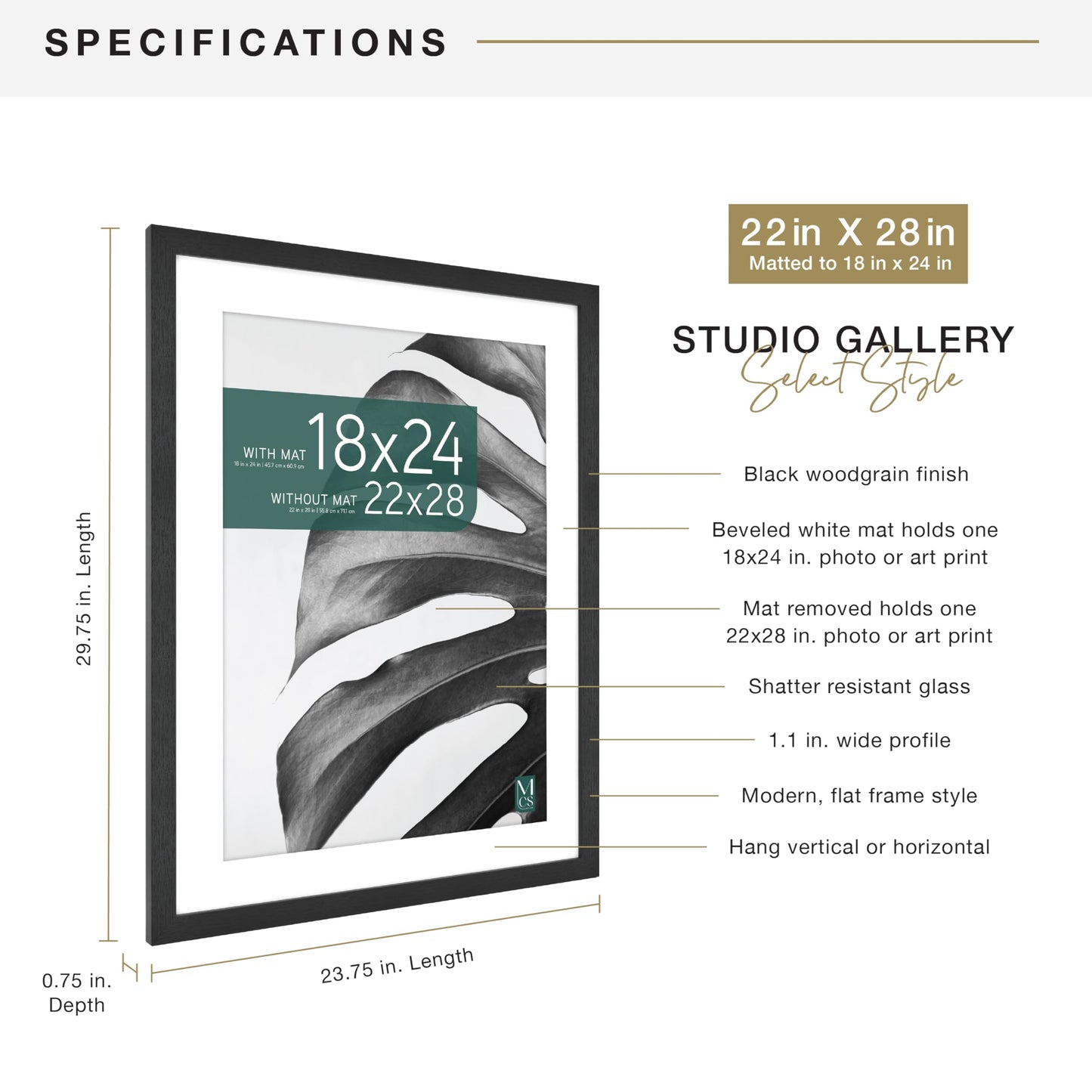 MCS Studio Gallery 22x28 Matted Poster Frame with 18x24 Picture Display, Black Woodgrain Engineered Wood Vertical & Horizontal Wall Hanging Large Picture Frame for Photos, Posters & Art Prints (1-Pack)