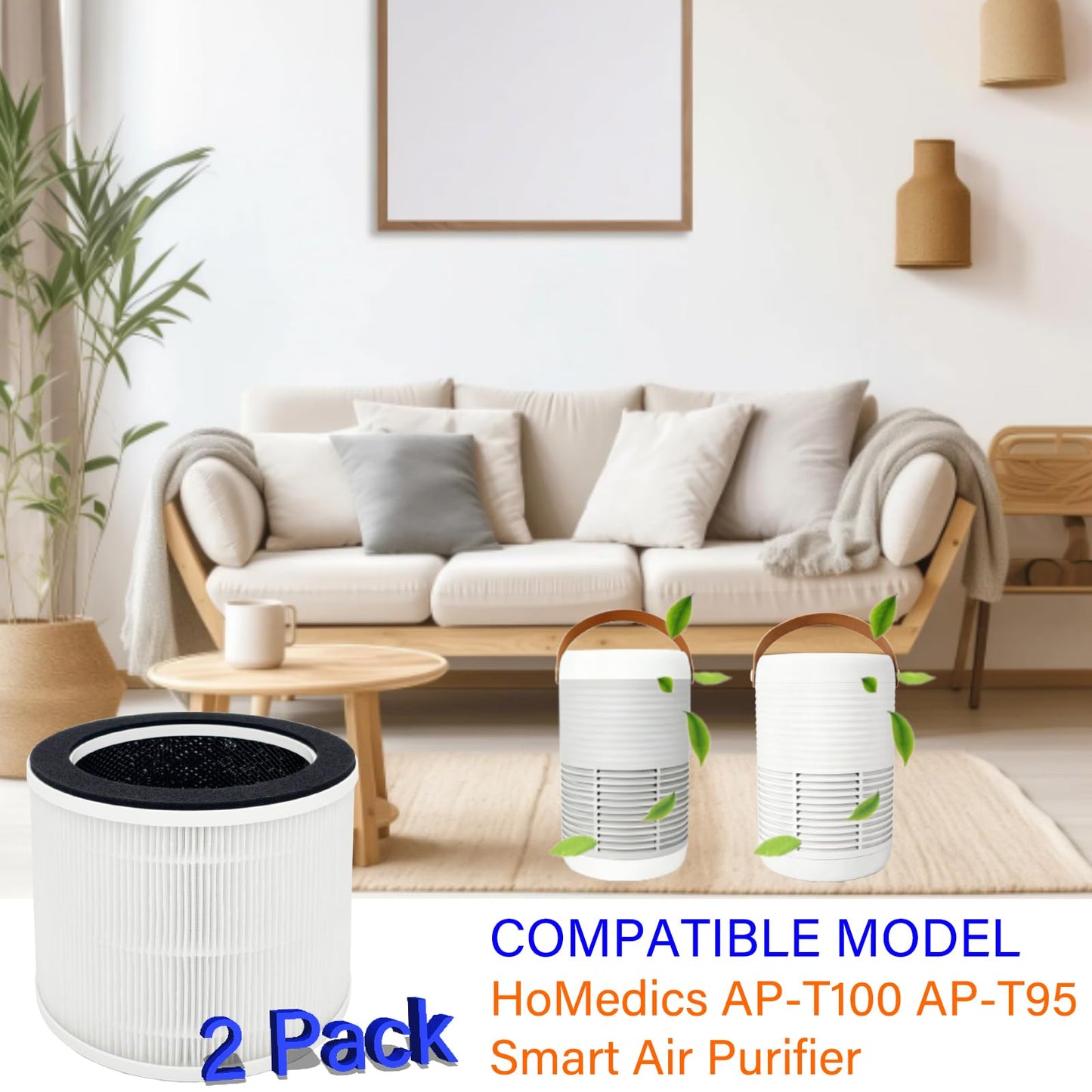 2 Pack AP-T100FL Replacement Filter for HoMedics AP-T100 AP-T95 Smart Air Purifier, 3-in-1, H13 True HEPA with Activated Carbon and Pre-Filter