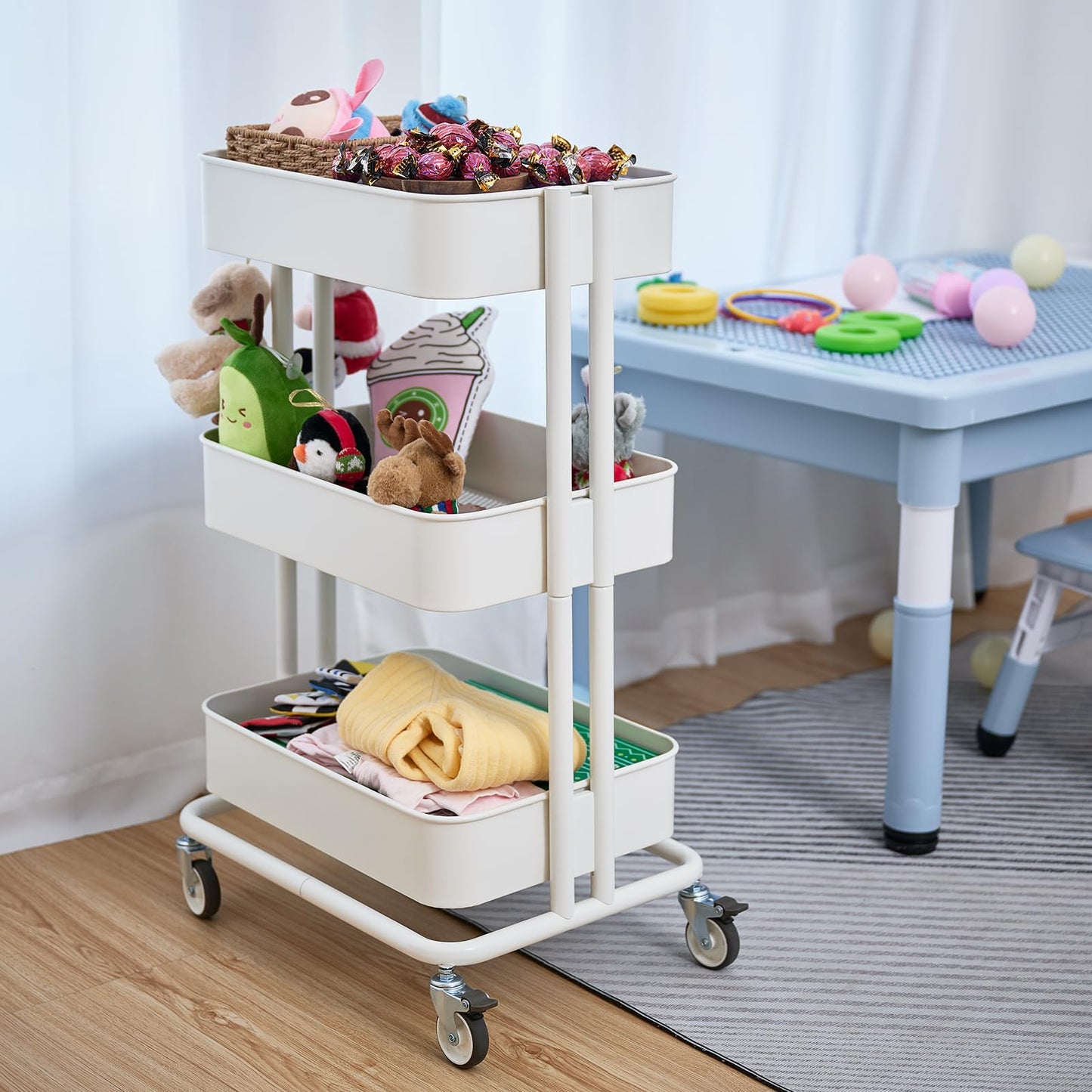 CARTTECH 3 Tier Rolling Cart Metal Heavy Duty Utility Cart with Silent Caster Lockable Wheels Multi-Functional Organization Carts Storage Trolley with Mesh Shelves for Office Kitchen Living Room white