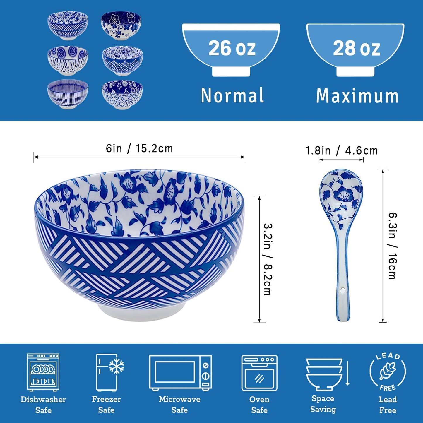 KeQiu Japanese Ceramic Bowls Set of 6, 28 Oz Large Asian Porcelain Ramen Soup Salad Cereal Noodle Bowl with 6 Spoons, Deep Bowl for Kitchen Decor and Housewarming Gift, Dishwasher & Microwave Safe