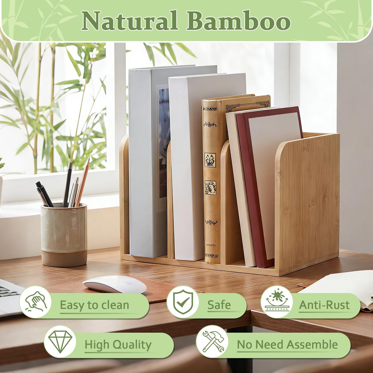 Novabright Bamboo Wooden File Magazine Holder Desk Organizer, 3 Vertical Compartments Workspace Sorters for Magazines, Binders, Notebooks, Envelopes