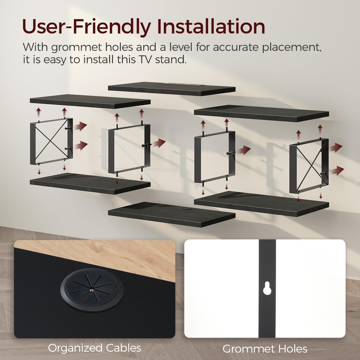 MAHANCRIS 43.7” Floating TV Stand with Power Outlet, Wall-Mounted Entertainment Center, Floating Metal Frame Media Console Shelf for Under TV Storage, for Living Room, Bedroom, Black TVHB101E01