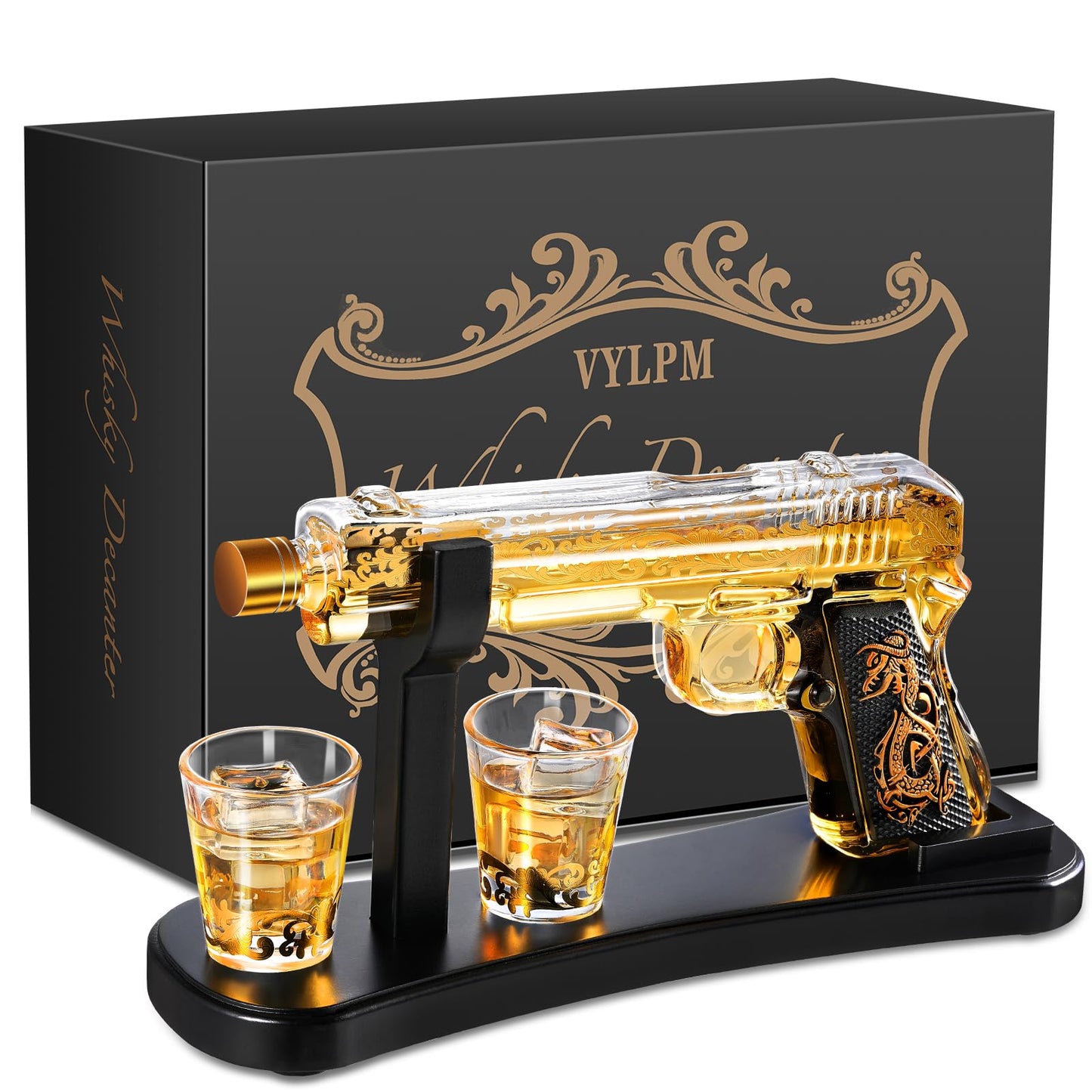 Handcrafted Gun Whiskey Decanter Set -Luxury Lead-Free Glass, Unique Non-Alcoholic Gift for Men, Husbands &Bourbon Lovers, Man Cave & Home Bar Decor with 2 Glasses by VYLPM